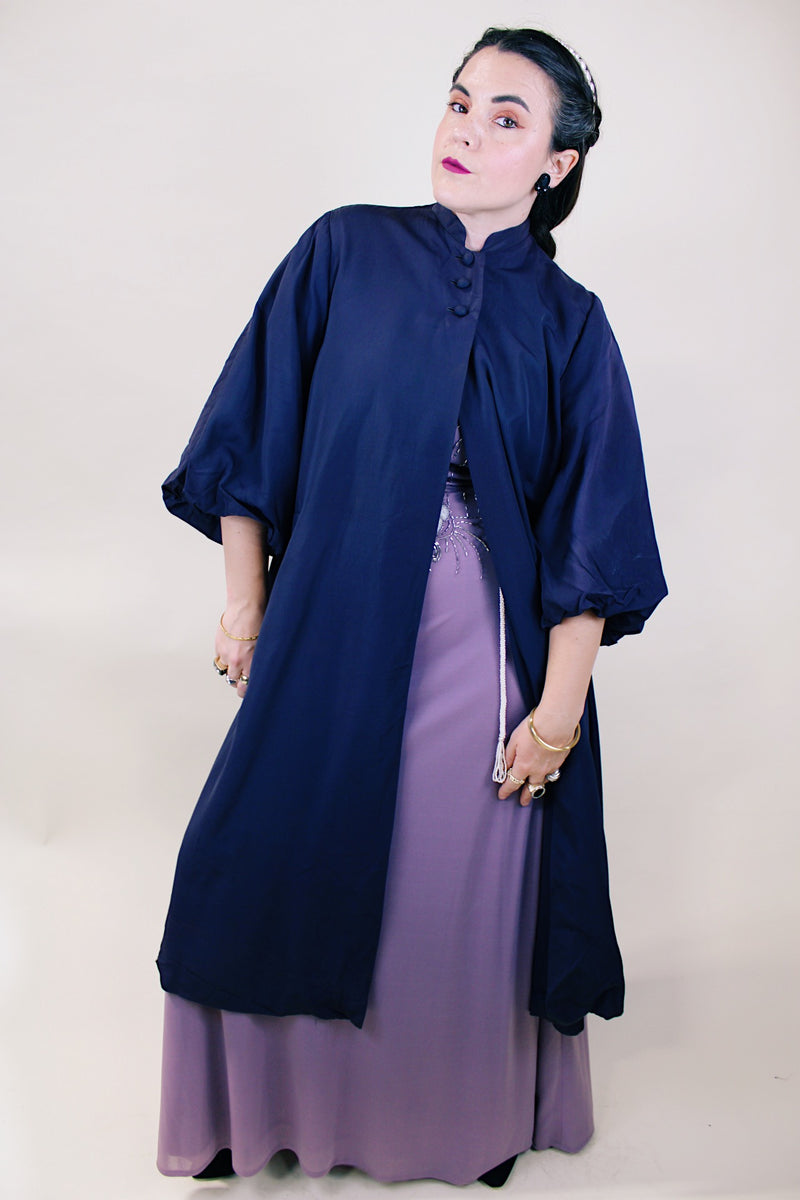 Women's vintage 1960's Ivan-Frederics Original, Made in California short sleeve long length purple eggplant colored duster jacket. 