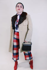 Men's or women's vintage 1970's tan suede long length long arm jacket with brown fur trim around collar. Matching suede belt. 