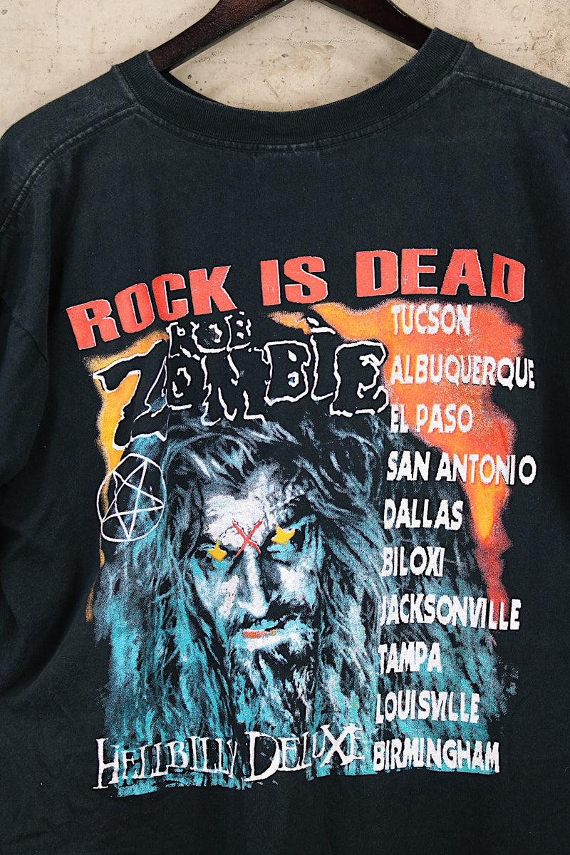 Women's or men's vintage 1999 Royal Avalon, Made in Mexico label short sleeve black Korn and Rob Zombie Rock is Dead tour tee with colored graphic on front and back.