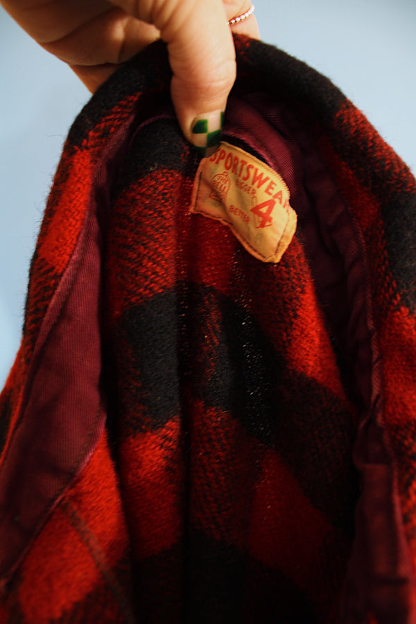Men's or women's vintage 1950's Sportswear Bigger 4 Better, The Bell Rings True long sleeve black and red buffalo plaid button up shacket in wool material. 