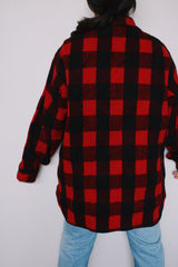 Men's or women's vintage 1960's size large red and black buffalo plaid button up wool shacket. Two chest pockets.