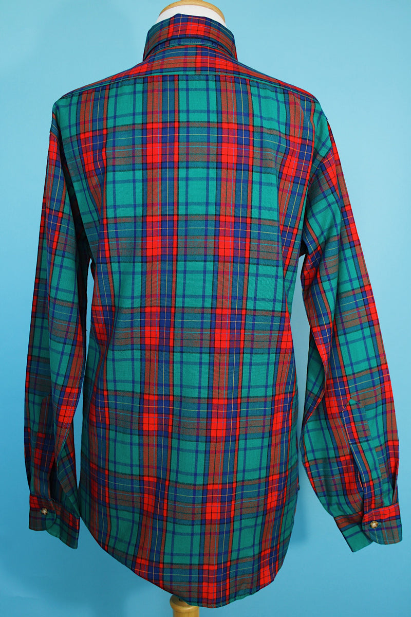 Men's vintage 1980's Pendleton, Made in USA label long sleeve button up plaid print shirt in red, blue, and green and a wool material.