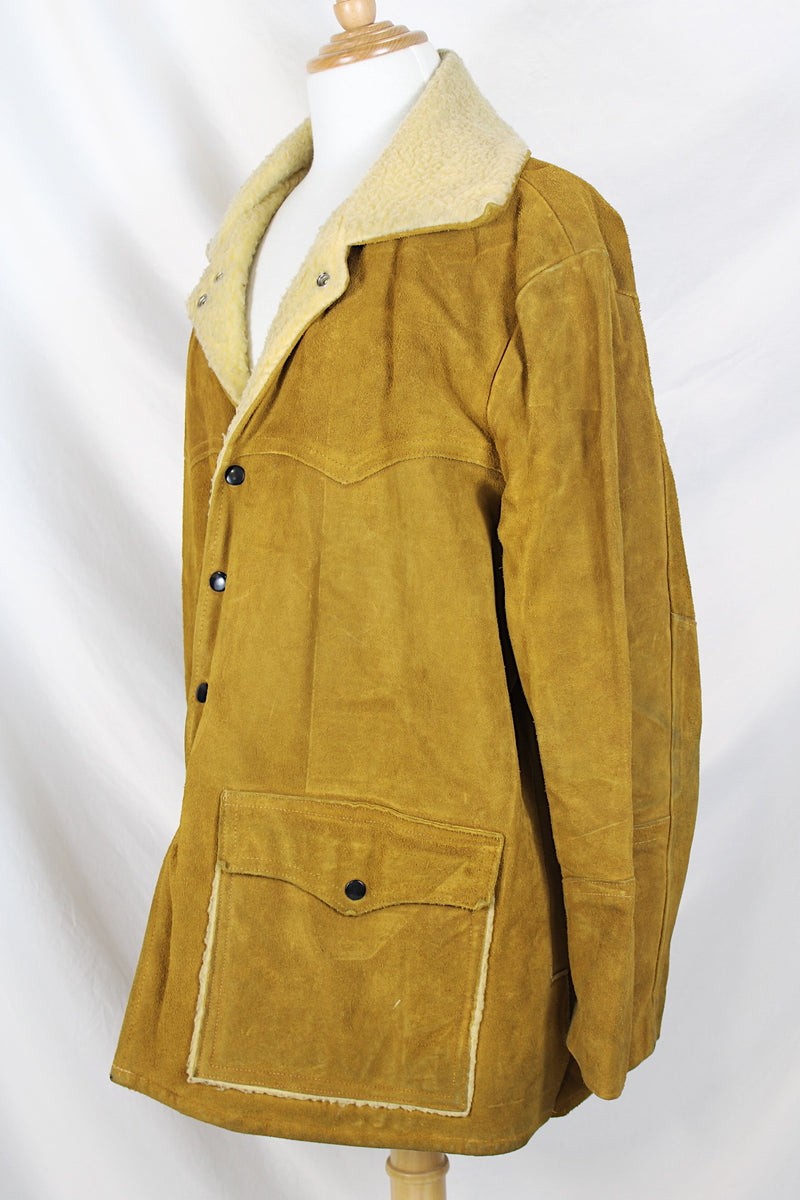 Men's or women's vintage 1960's Jo-O-Kay, Fashions in Leather by Corral Sportswear CO. label long sleeve tan brown suede jacket with cream shearling liner. 