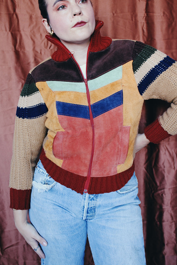 Women's vintage 1970's Organically Grown, Sweaters by Arpeja zip up sweater cardigan that is half knit acrylic and half genuine suede in multicolors. 