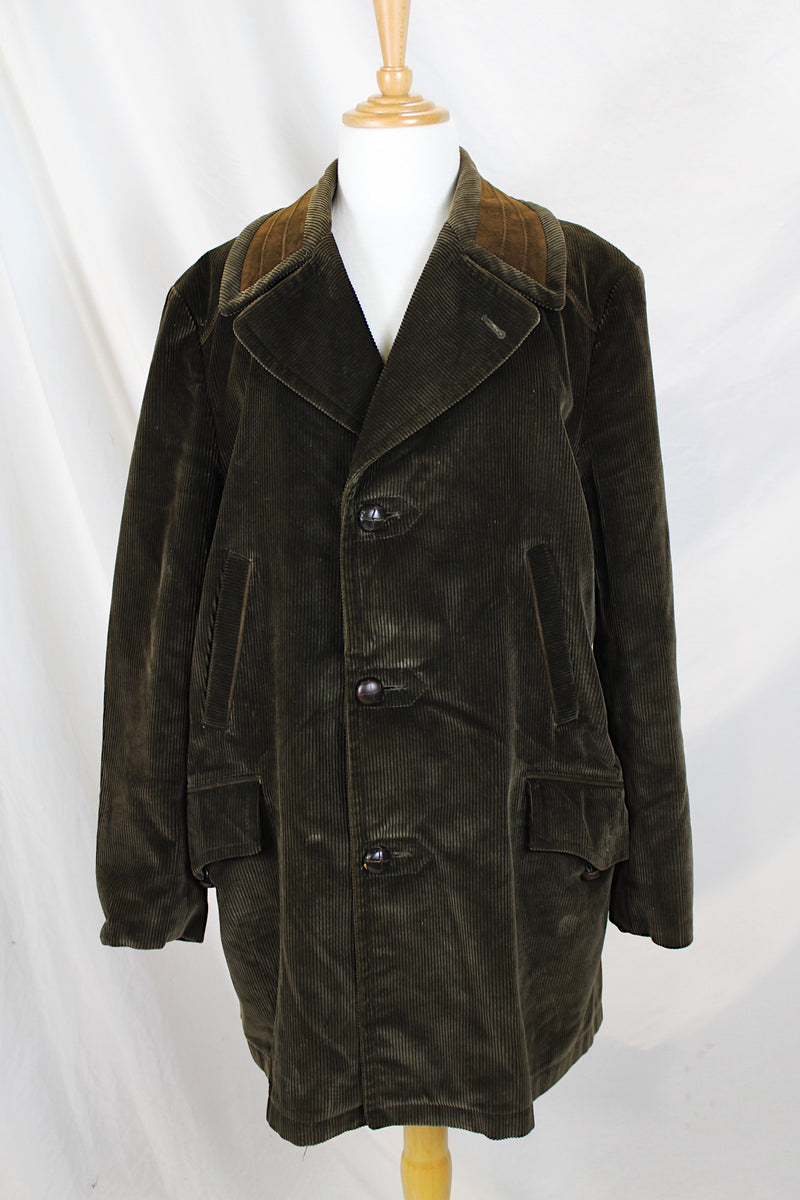 Men's or women's vintage 1970's The Country Coat, Sears The Men's Store label long sleeve dark brown colored jacker in corduroy material with double lapel and leather buttons.