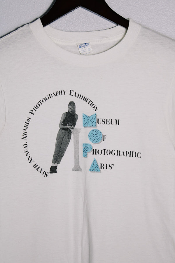 Women's or men's vintage 1980's Ched by Anvil, Made in USA label short sleeve white graphic t-shirt with large graphic on the front in a cotton and polyester material. 