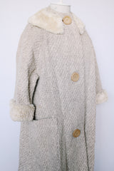 Women's vintage 1960's Mademoiselle Vogues, Fashions in Good Taste 3/4 arm length knee length coat in a wool cream color and cream fur trim on neckline and cuffs.
