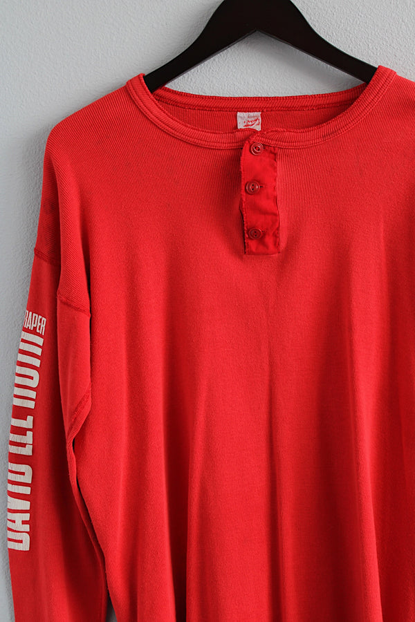 Men's or women's vintage 1980's Hanes, Made in USA label long sleeve cotton henley tee with David Lee Roth tour text on arms.