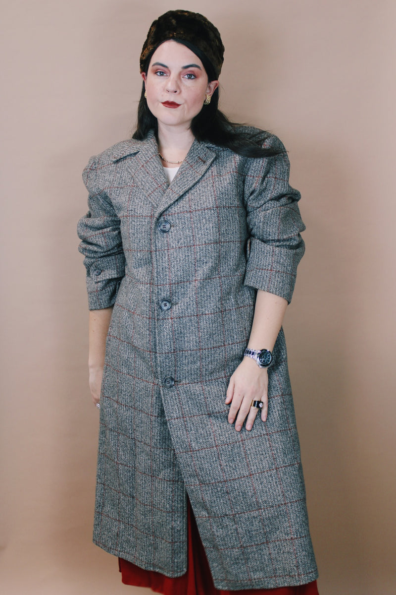 Men's or women's vintage 1960's Max Weinstein Tailor, Portland, Oregon label size large long sleeve long length brown tweed wool trench coat with button closure.