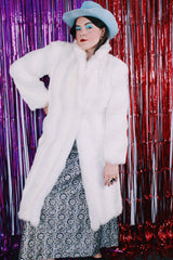 Women's vintage 1980's Avec Tu, A Luxury Fabric bu Glenoit, Union Made, Made in USA label long sleeve long length bright white faux fur coat.