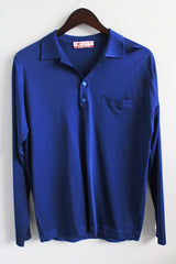 Men's or women's vintage 1980's Montagut Paris, Made in France label long sleeve navy blue polo top with a collar and half button closure in a slinky lightweight polyester material.