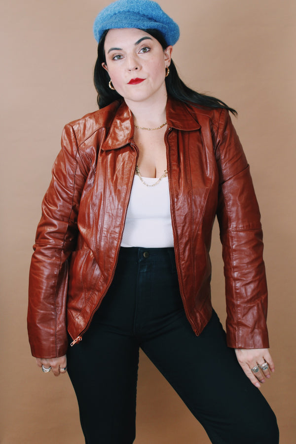 Men's or women's vintage 1970's Casablanca, For Guys - For Gals label size medium long sleeve zip up leather brown jacket with small pointy collar