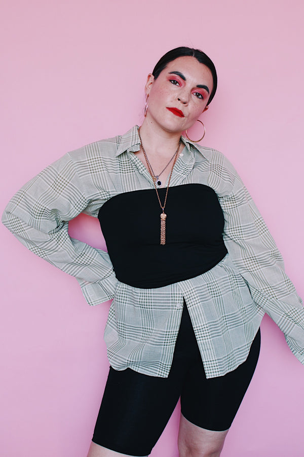 Men's or women's vintage 1960's Ivy Traditionals, Campus label long sleeve green plaid button up shirt with clear buttons, one left chest pocket in a cotton and polyester blend material.