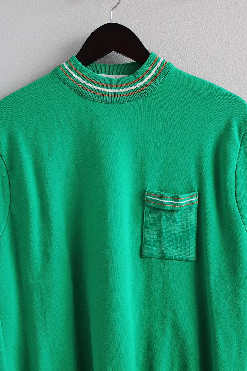 Women's or men's vintage 1970's Jodomar, Made in Canada label short sleeve top in bright green with a mock neck in a lightweight stretchy polyester material.