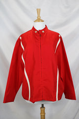 Men's or women's vintage 1970's Sears Sportswear, For Pool Beach and Patio label long sleeve red nylon windbreaker jacket with two white stripes in the front.