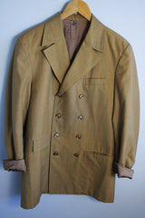 Men's or women's vintage 1970's Sax Overseas, Specially Made For Mr. R. E. Bankhead long sleeve beige colored double breasted blazer with thin pin stripes throughout. 