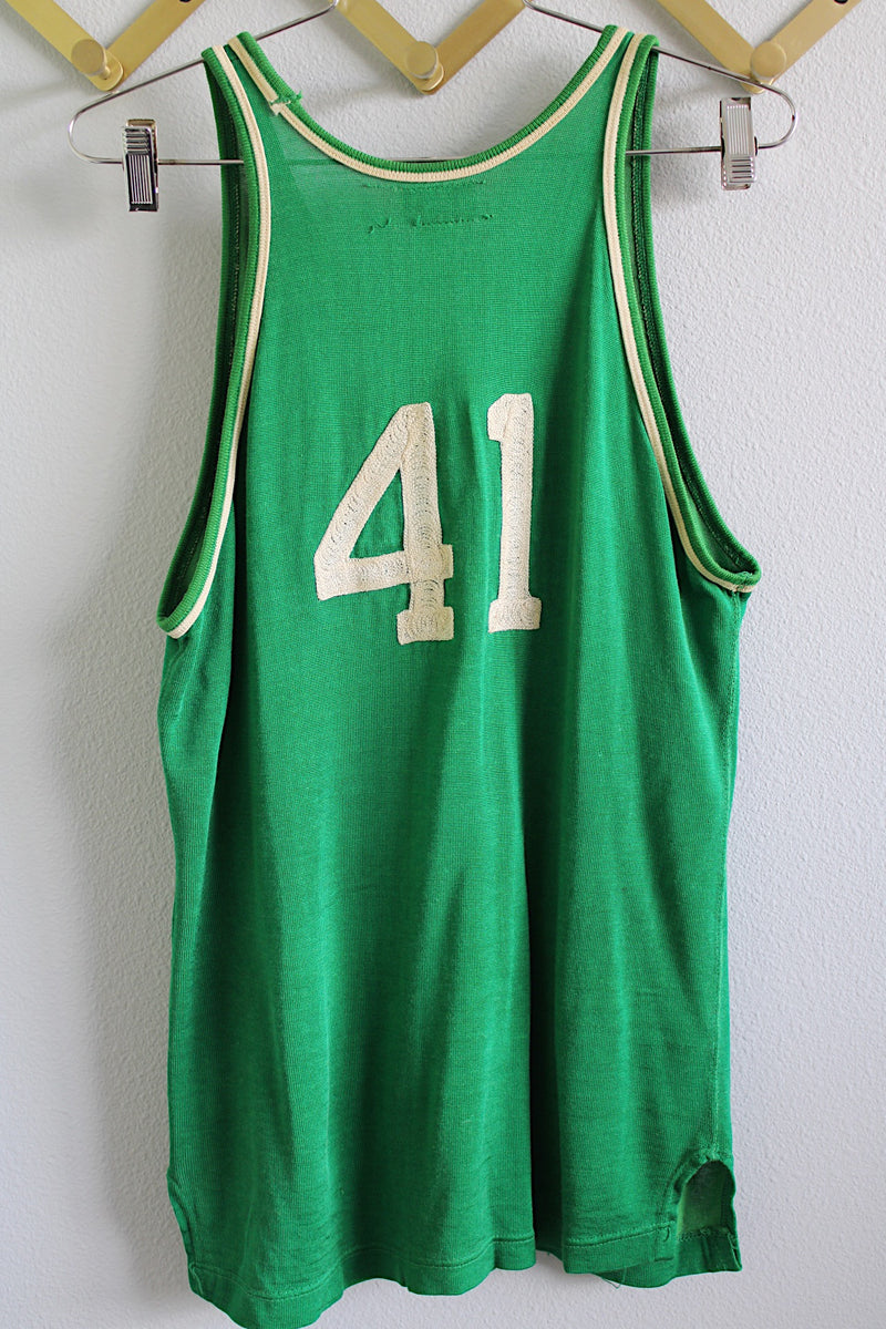 Women's or men's vintage 1960's Made Expressly for C&S Sports Equipment, Spokane, Washington label sleeveless green sports tank with white trim and number 41 embroidered on front and back.