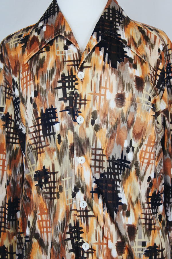 Men's vintage 1970's D'Avila label long sleeve button up shirt in all over abstract orange and green abstract print in slinky polyester material. 