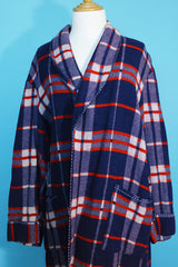 Women's or men's vintage 1950's Beacon label long sleeve long length plaid print dressing gown in purple, red, and white plaid print.