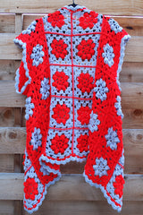 Women's vintage 1970's short sleeve crochet open front sweater with a drapey style in red and grey colors. Soft acrylic material