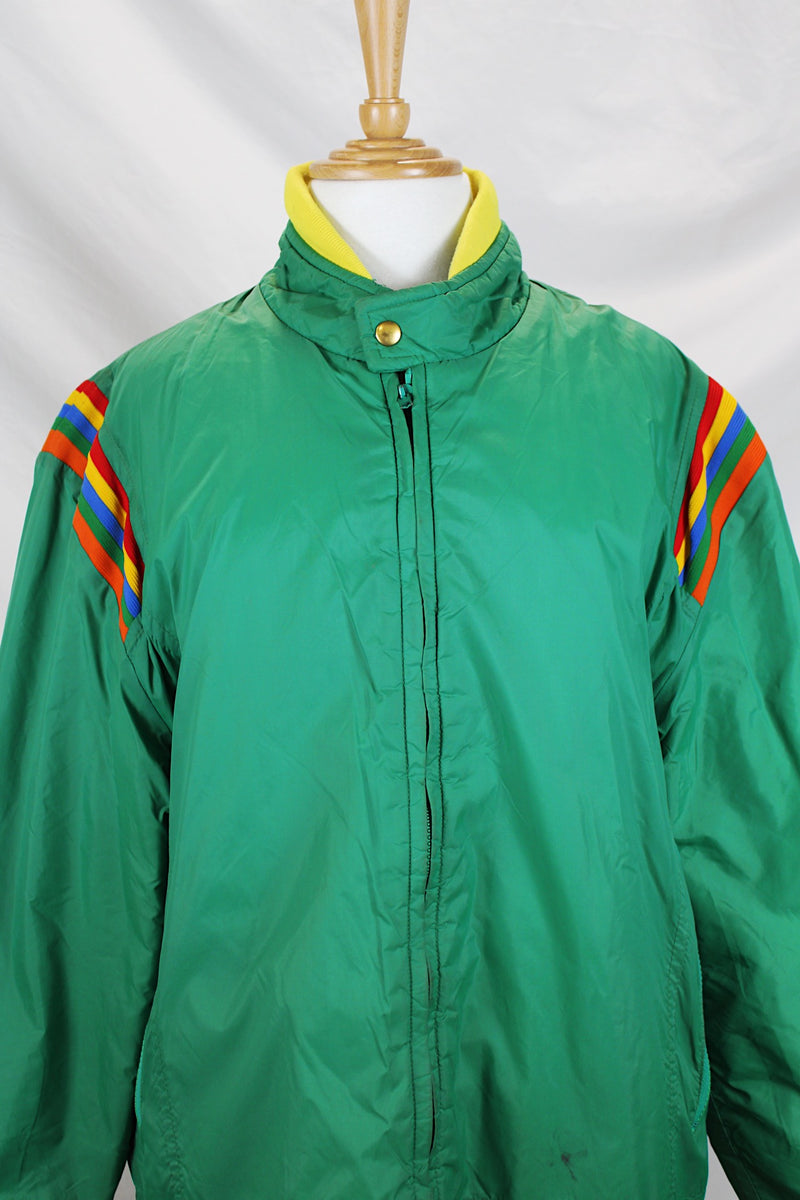 Women's or men's vintage 1980's Pacific Trail Sportswear label long sleeve green zip up nylon puffer jacket with yellow and rainbow colored trim. 