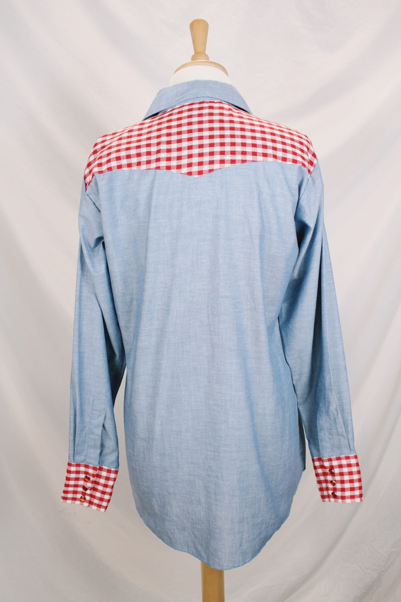 Men's vintage 1970's Dee Cee Brand, Authentic Western Wear, Made in USA long sleeve light blue chambray shirt with red and white gingham patchwork. 