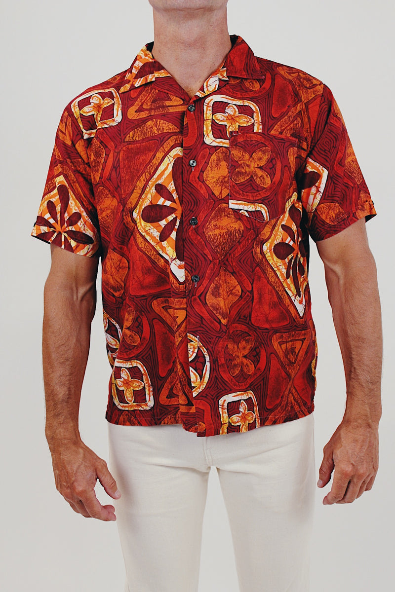 vintage men's red Hawaiian print button up front