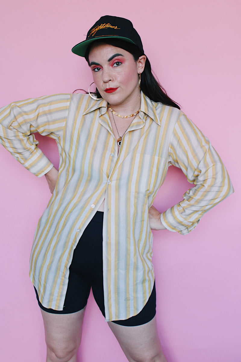 Men's or women's vintage 1960's Kent Collection by Arrow label long sleeve button up shirt with yellow, cream, and grey vertical stripes.
