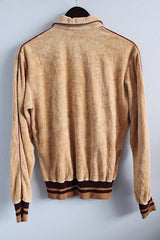Women's or men's vintage 1980's Weekends in California label long sleeve tan and brown colored velour material pullover sweater with collar and half button closure. 