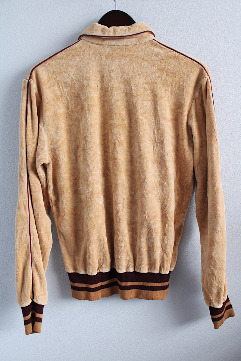 Women's or men's vintage 1980's Weekends in California label long sleeve tan and brown colored velour material pullover sweater with collar and half button closure. 