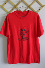 Women's or men's vintage 1980's short sleeve red cotton graphic t-shirt. Cheetos mascot graphic on the front, text on the back.