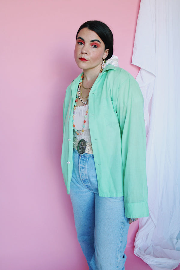 Men's or women's vintage 1960's Towncraft, Penneys label long sleeve button up shirt with two chest pockets. Sea foam green color and cotton material. 
