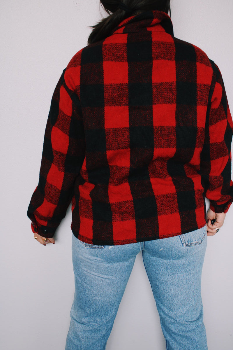 Men's or women's vintage 1970's JCPenney Hunting Apparel label size medium wool material long sleeve zip up red and black buffalo plaid shacket. 