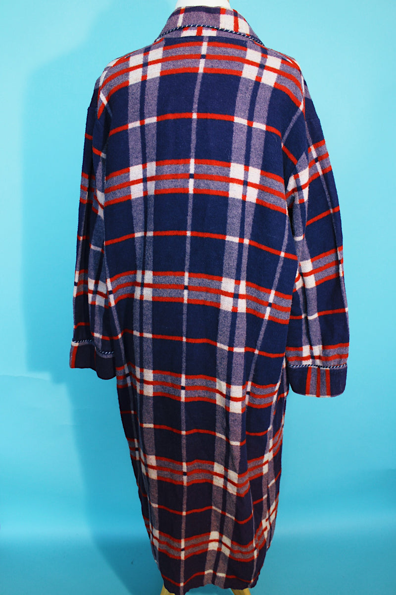 Women's or men's vintage 1950's Beacon label long sleeve long length plaid print dressing gown in purple, red, and white plaid print.