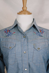 Women's vintage 1970's Sears JR Bazaar label long sleeve button up top in blue denim chambray.