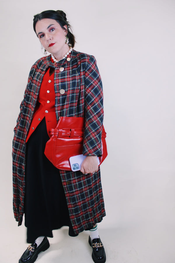 Women's vintage 1960's long label long length plaid tartan print jacket in black and red with gold buttons. Fully lined and has side pockets. 