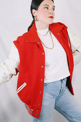 Men's or women's vintage 1960's US Doe-Lon, The Finest Fashion in VINYL label long sleeve red and white varsity letterman jacket with snap buttons and pockets.