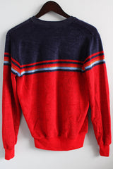 Men's or women's vintage 1980's Bouvy label long sleeve pullover sweater with a V shaped neckline in a red and navy velvet material.