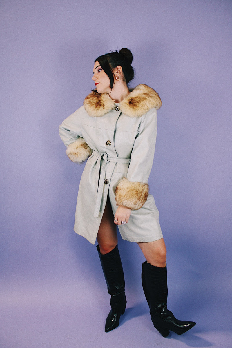 Leather Coat with Faux Fur Trim