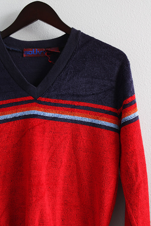 Men's or women's vintage 1980's Bouvy label long sleeve pullover sweater with a V shaped neckline in a red and navy velvet material.