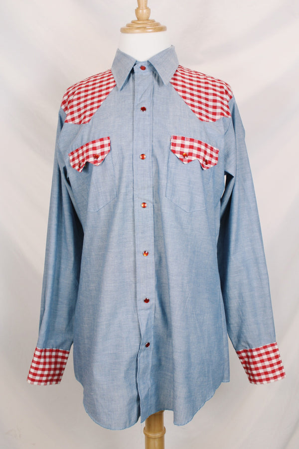 Men's vintage 1970's Dee Cee Brand, Authentic Western Wear, Made in USA long sleeve light blue chambray shirt with red and white gingham patchwork. 