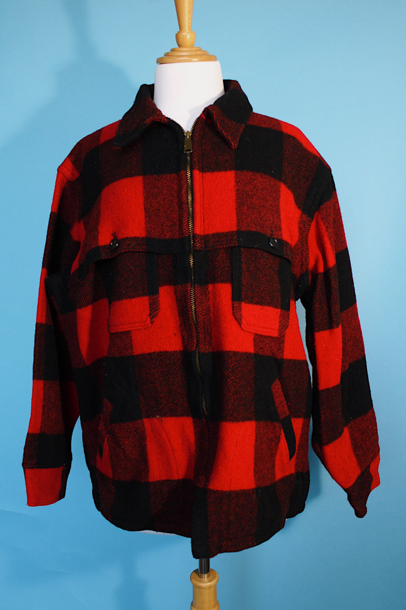 Women's or men's vintage 1960's Woolrich label long sleeve red and black buffalo plaid zip up shacket.