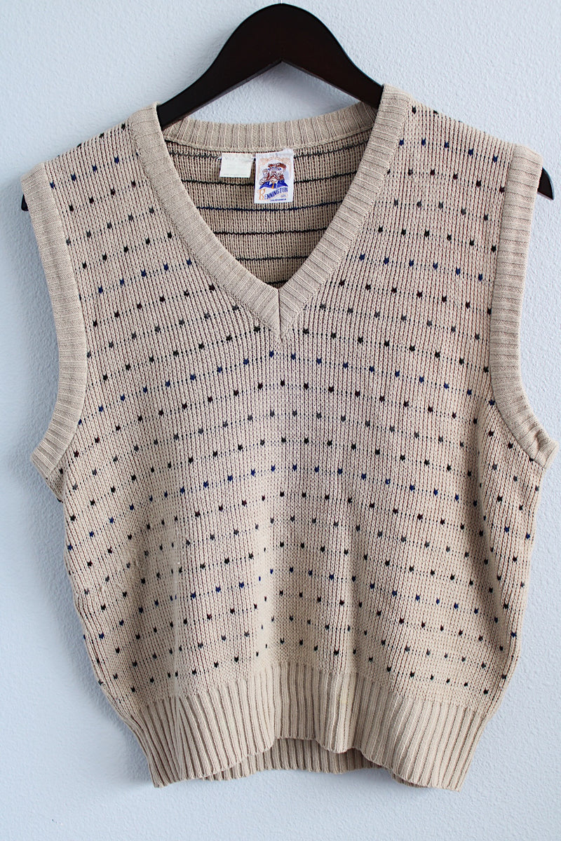 Men's or women's vintage 1970's Kennington California LTD. label sleeveless tan colored V shaped neckline sweater vest with dotted print all over in a soft acrylic material.