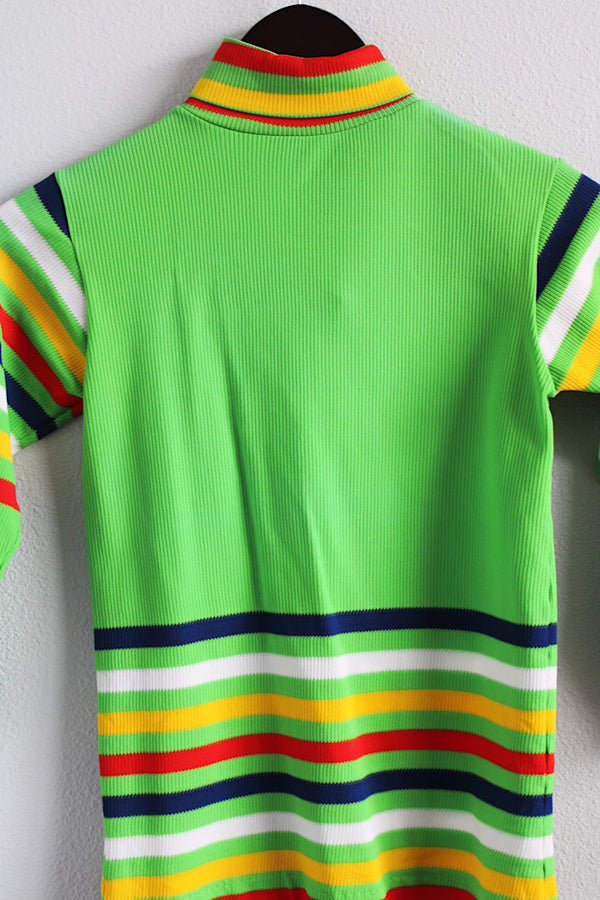 Women's vintage 1970's bright green long sleeve turtleneck with multicolored stripes and a zipper in the back in a polyester material. 
