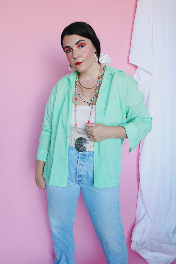 Men's or women's vintage 1960's Towncraft, Penneys label long sleeve button up shirt with two chest pockets. Sea foam green color and cotton material. 