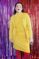 Women's 1960's St. Andrews Imports LTD., Made in Hong Kong label three piece matching set in bright yellow wool material. 