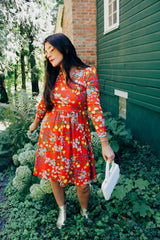Long Sleeve Floral Printed Midi Dress with V Neck
