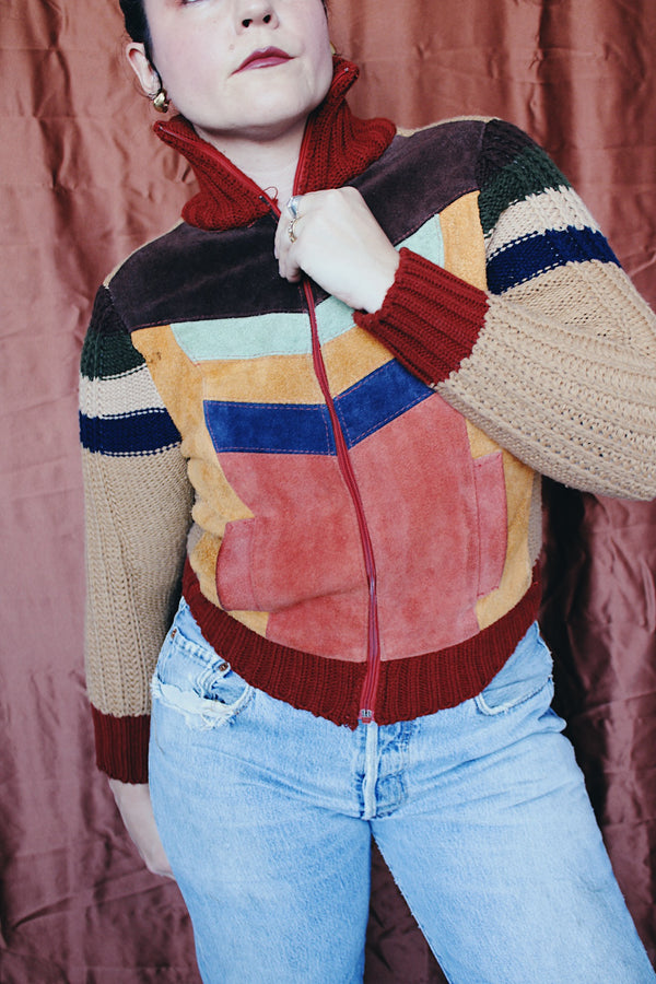 Women's vintage 1970's Organically Grown, Sweaters by Arpeja zip up sweater cardigan that is half knit acrylic and half genuine suede in multicolors. 