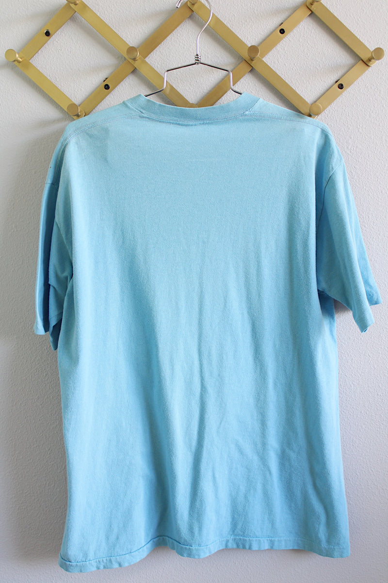 Women's or men's vintage 1970's Belton, Made in USA label size XL short sleeve light blue graphic band tee from album of Sutherland Brothers & Quiver.