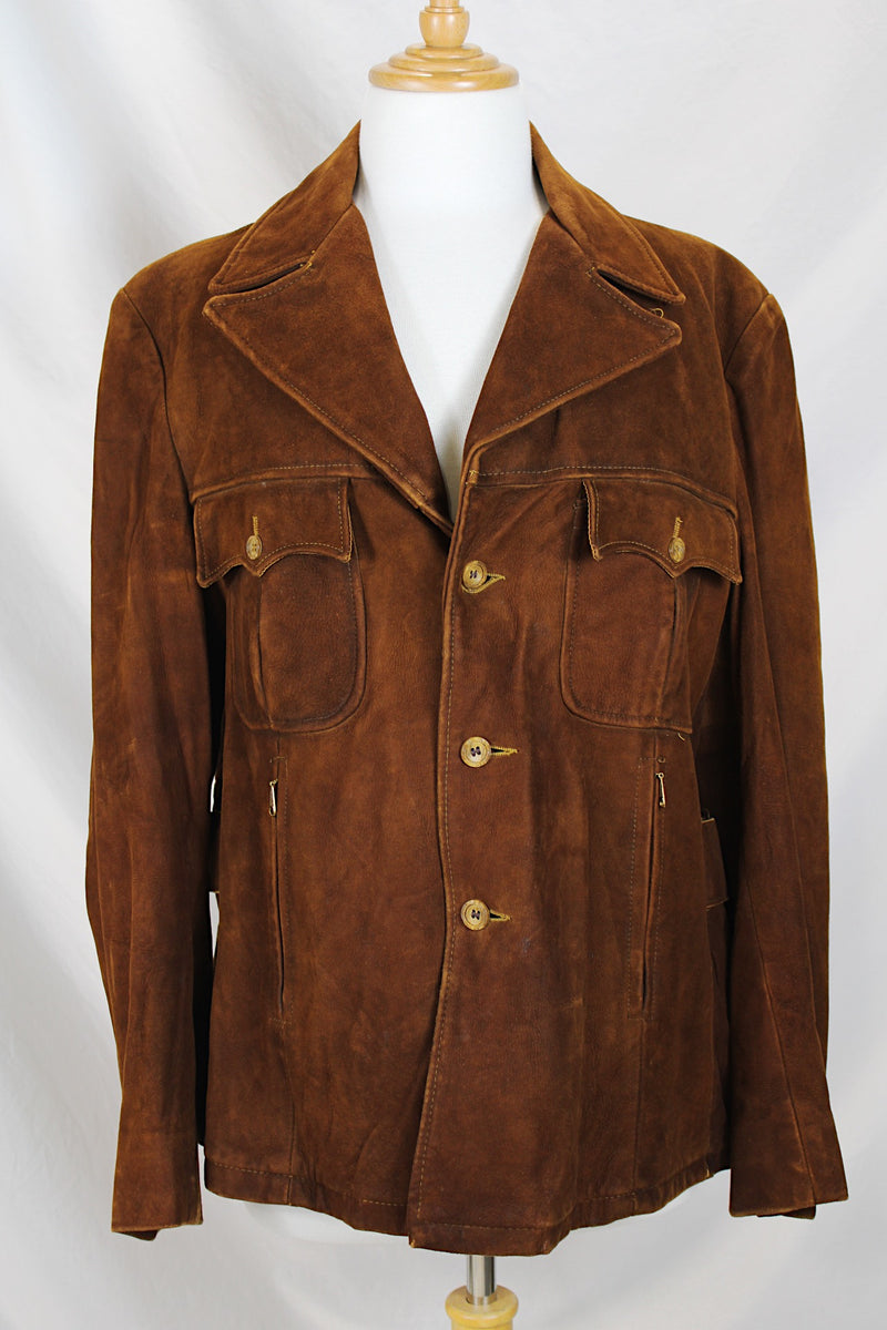 Men's or women's vintage 1970's Robert Lewis Idea label long sleeve chocolate brown suede jacket with button front closure and double lapel with a western style.